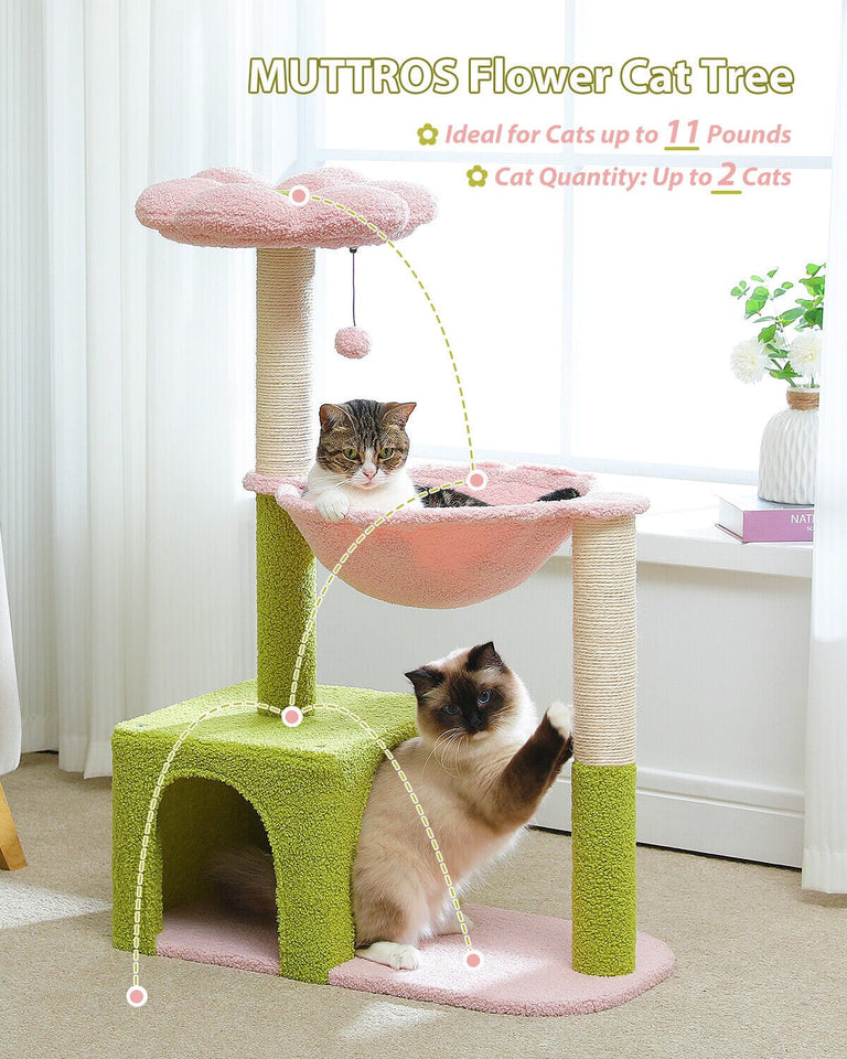 Cat Tree Palace - Cat Scratching Posts USA Cat Scratching Post Specialists | Cat Scratcher Trees & Poles 36.6" Flower Top Cat Scratching Tree Pink/ Green