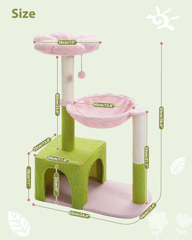 Cat Tree Palace - Cat Scratching Posts USA Cat Scratching Post Specialists | Cat Scratcher Trees & Poles 36.6" Flower Top Cat Scratching Tree Pink/ Green