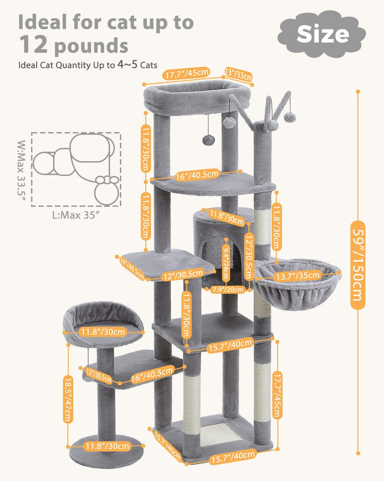 Cat Tree Palace - Cat Scratching Posts USA Cat Scratching Post Specialists | Cat Scratcher Trees & Poles 59" Multilevel Cat Scratching Tree With Condo