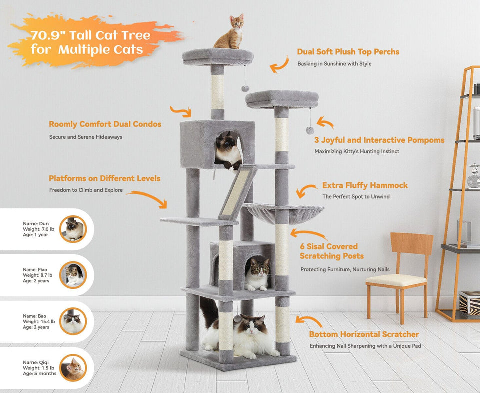 Cat Tree Palace - Cat Scratching Posts USA Cat Scratching Post Specialists | Cat Scratcher Trees & Poles 70.9" Multilevel Cat Scratching Tree with Condo's