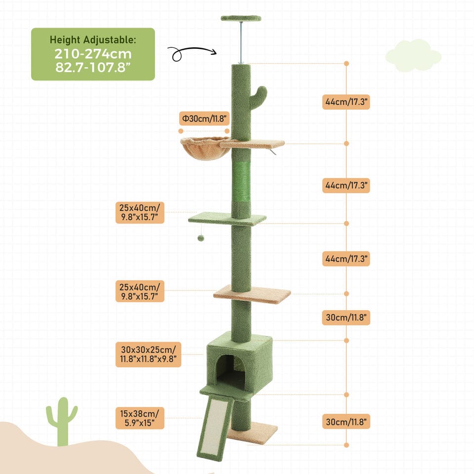 Cat Tree Palace - Cat Scratching Posts USA Cat Scratching Post Specialists | Cat Scratcher Trees & Poles 82.7" - 107.8" Floor to Ceiling Cactus Cat Scratching Pole with Condo & Nest