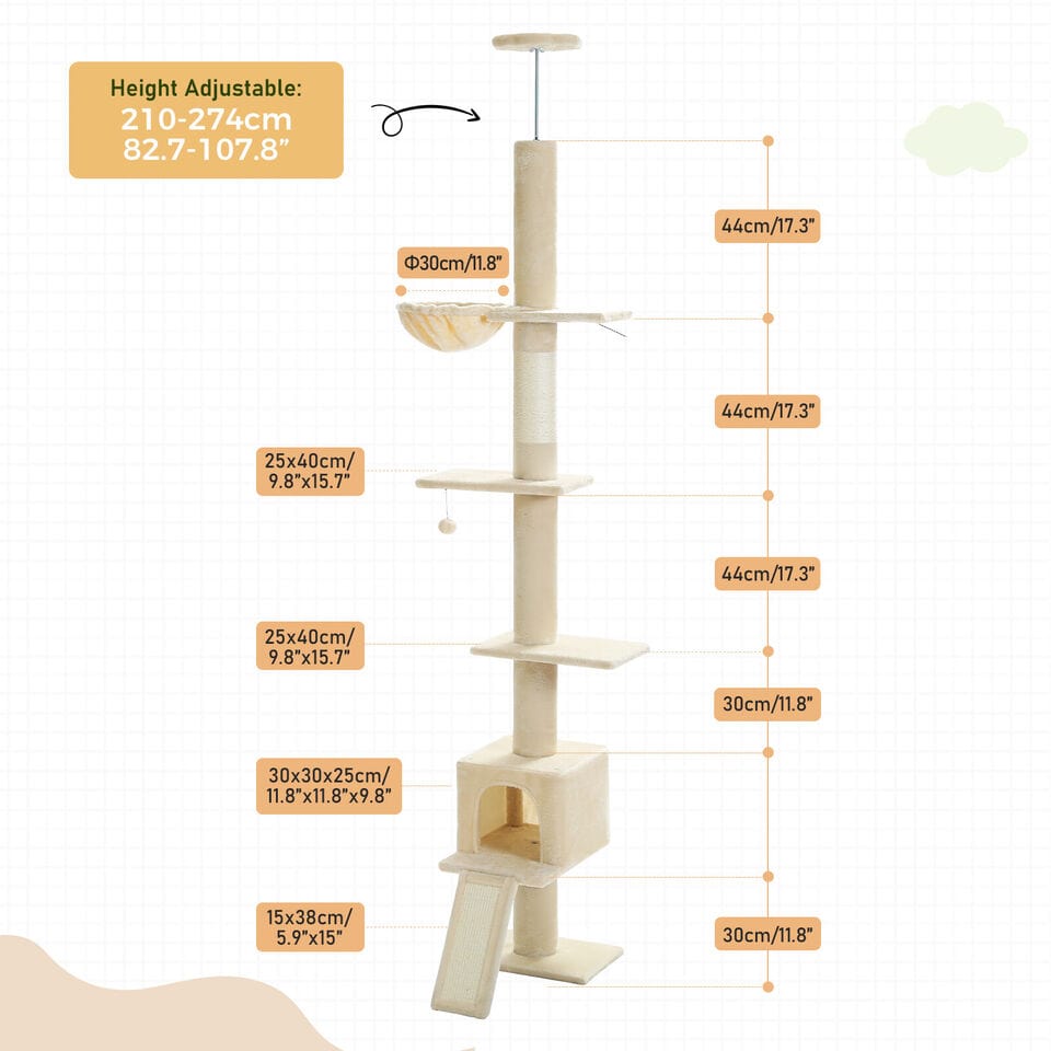Cat Tree Palace - Cat Scratching Posts USA Cat Scratching Post Specialists | Cat Scratcher Trees & Poles 82.7" - 107.8" Floor to Ceiling Cat Scratching Pole with Condo & Nest
