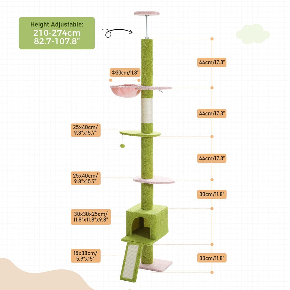 Cat Tree Palace - Cat Scratching Posts USA Cat Scratching Post Specialists | Cat Scratcher Trees & Poles 82.7" - 107.8" Floor to Ceiling Cat Scratching Pole with Condo & Nest