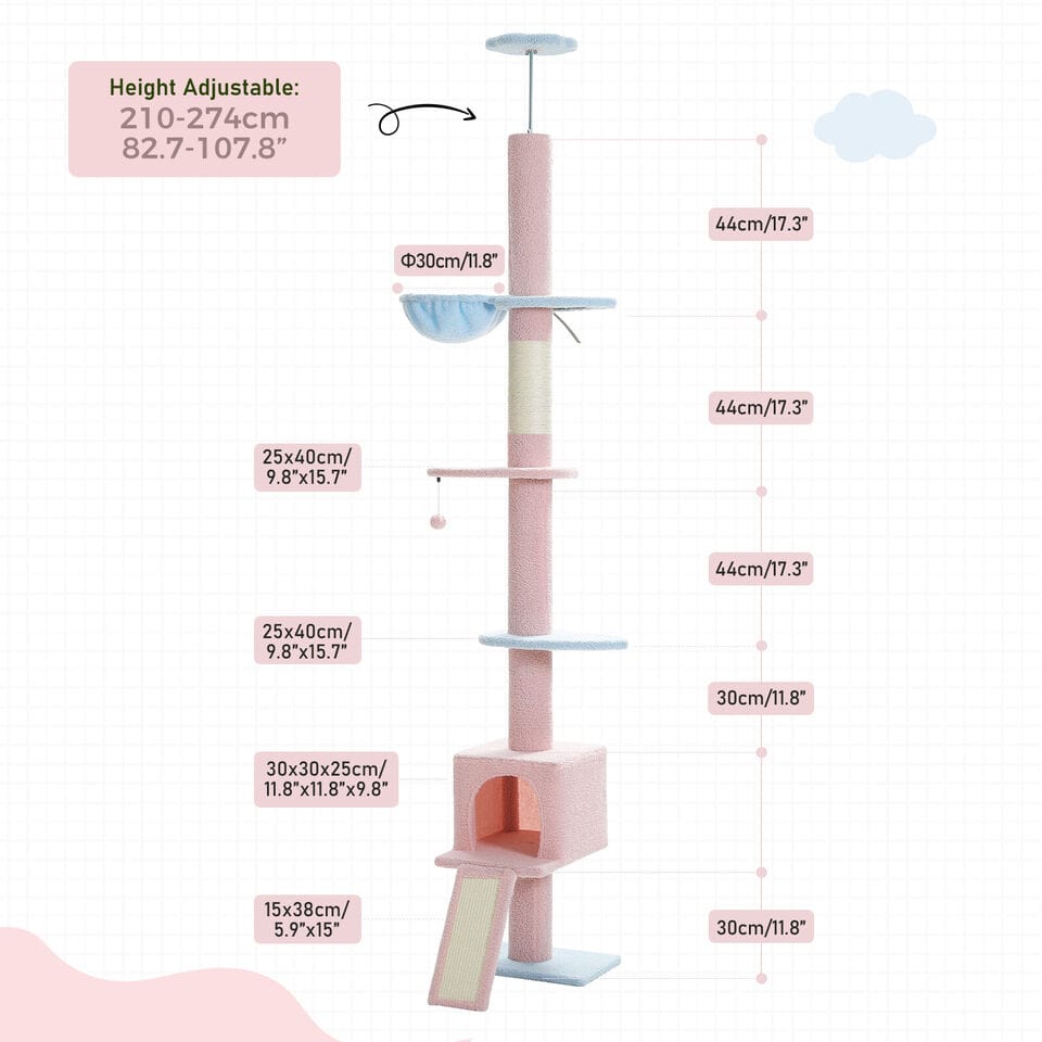 Cat Tree Palace - Cat Scratching Posts USA Cat Scratching Post Specialists | Cat Scratcher Trees & Poles 82.7" - 107.8" Floor to Ceiling Cat Scratching Pole with Condo & Nest