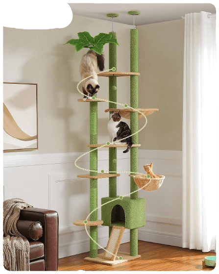 Cat Tree Palace - Cat Scratching Posts USA Cat Scratching Post Specialists | Cat Scratcher Trees & Poles 90.5" - 100.4" Floor To Ceiling Cat Tree Condo with Leaves